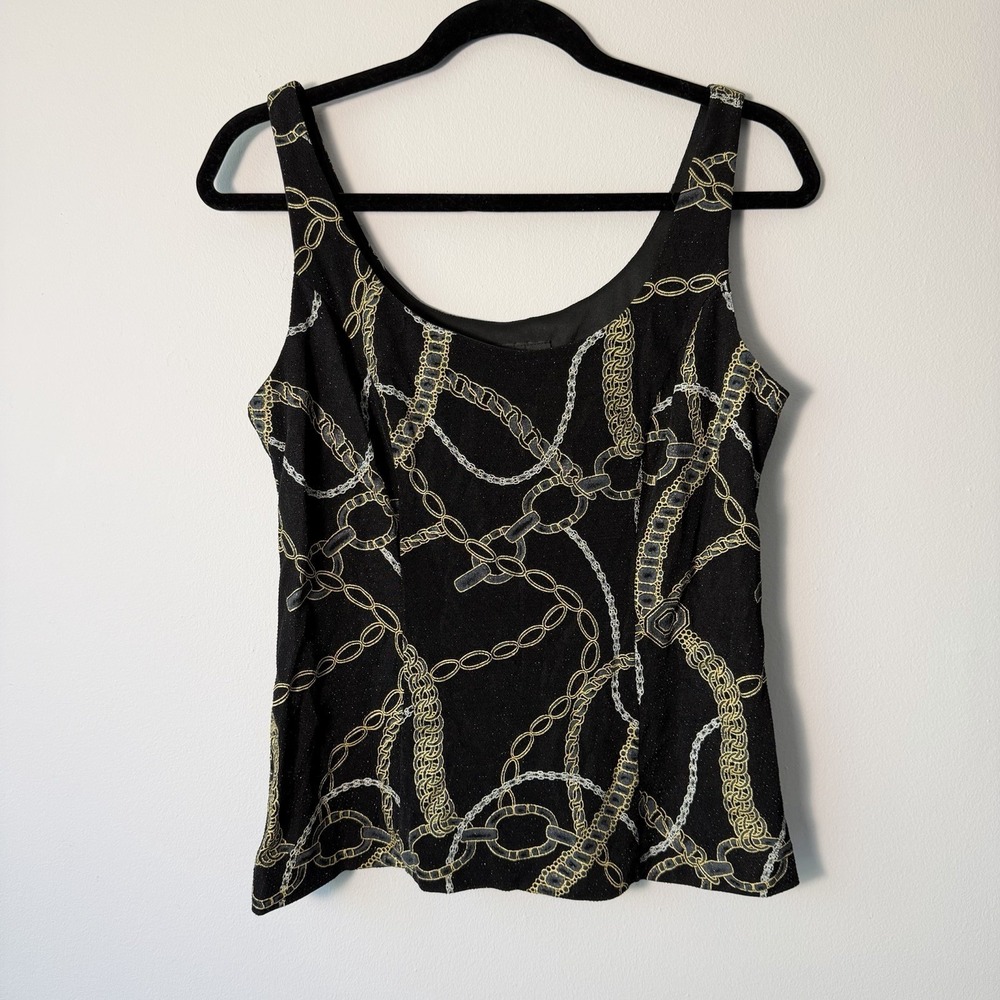 Vintage Alex Evenings Tank Top Chain Link Glitter Y2K Black Gold Medium